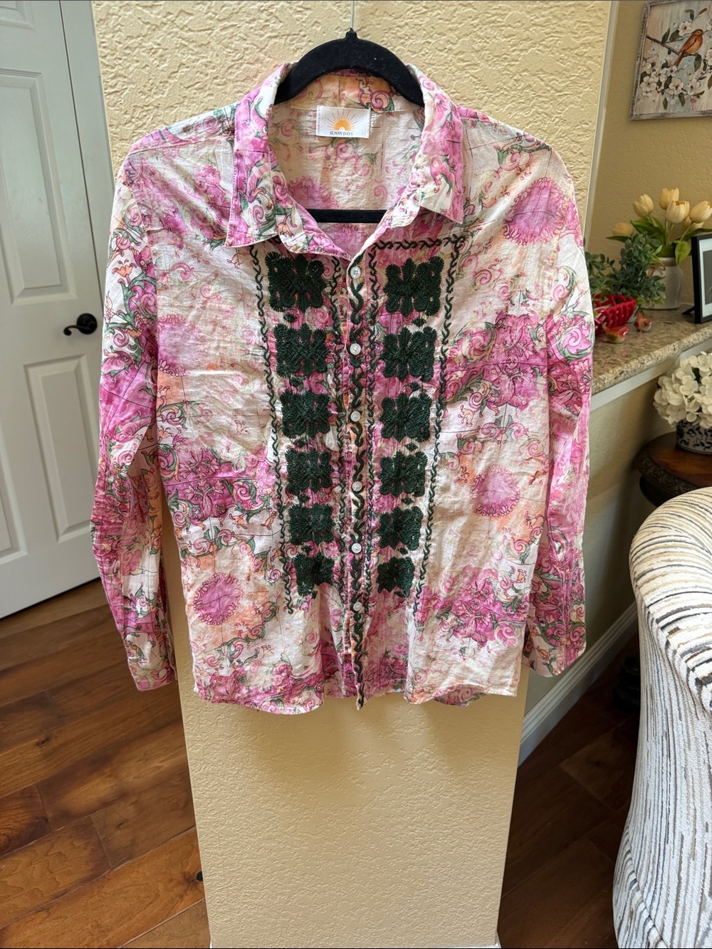 Embroidered Pink Floral Button-Down Shirt with Green Detail